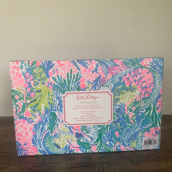 Lilly Pulitzer Stemless Wine Glasses Mermaids Cove Mermaid 16oz Set 2 Gold NEW - Picture 5 of 5